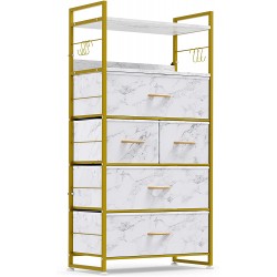 Lulive Dresser for Bedroom with 5 Drawers Dressers & Chests of Drawers for Hallway Storage Organizer Unit with Cationic Fabric Sturdy Metal Frame Wood Tabletop Easy Pull Handle Marble Gold