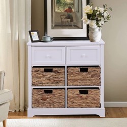 Sophia & William Accent Storage Cabinet Rustic Storage Chest with 2 Drawers and 4 Removable Water Hyacinth Baskets for Entryway Living Room Bedroom White
