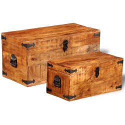 Toy Chest for Boys Set 2 Pcs Rough Mango Wood Vintage Wooden Storage Box Storage Chest Trunk by BIGTO