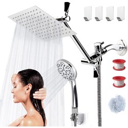 COSYLAND 8'' Rainfall Shower Head with Handheld Combo High Pressure 9 Settings with 11'' Extension Arm 60" Hose Stainless Steel with Chrome Finish Bath Showerhead Height Angle Adjustable,Chrome