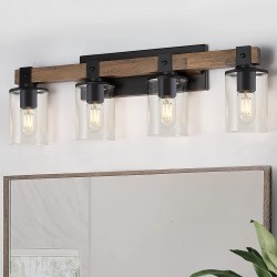 DUJAHMLAND Farmhouse Vanity Light Fixture Industrial 4-Light Wood Wall Sconce Bathroom Vanity Lighting with Clear Glass Lights Shade,for Hallway,Kitchen,BedroomAntique Wood 4-Light