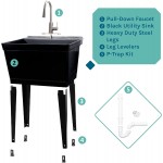 JS Jackson Supplies Black Utility Sink Laundry Tub with High Arc Stainless Steel Kitchen Faucet Pull Down Sprayer Spout Heavy Duty Slop Sinks for Basement Garage or Shop Free Standing Wash Station
