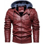 Pu Leather Jacket Men with Hood Motorcycle Bomber -Casual Vintage Warm Winter Coat Zip-Up Utwear Overcoat Fashion Hoodie Tops