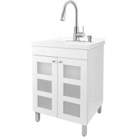 White Tehila Utility Sink Vanity Stainless Steel High-Arc Pull-Down Sprayer Faucet Soap Dispenser and Spacious Cabinet by JS Jackson Supplies for Garage Basement Shop and Laundry Room