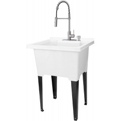 White Utility Sink by JS Jackson Supplies Tehila Luxe Laundry Tub Stainless Steel Finish Hi-Arc Coil Faucet Soap Dispenser