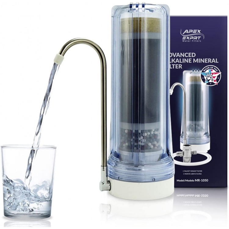 APEX MR-1050 Countertop Water Filter 5 Stage Mineral pH Alkaline Water Filter Easy Install Faucet Water Filter Reduces Heavy Metals Bad Taste and Up to 99% of Chlorine Clear