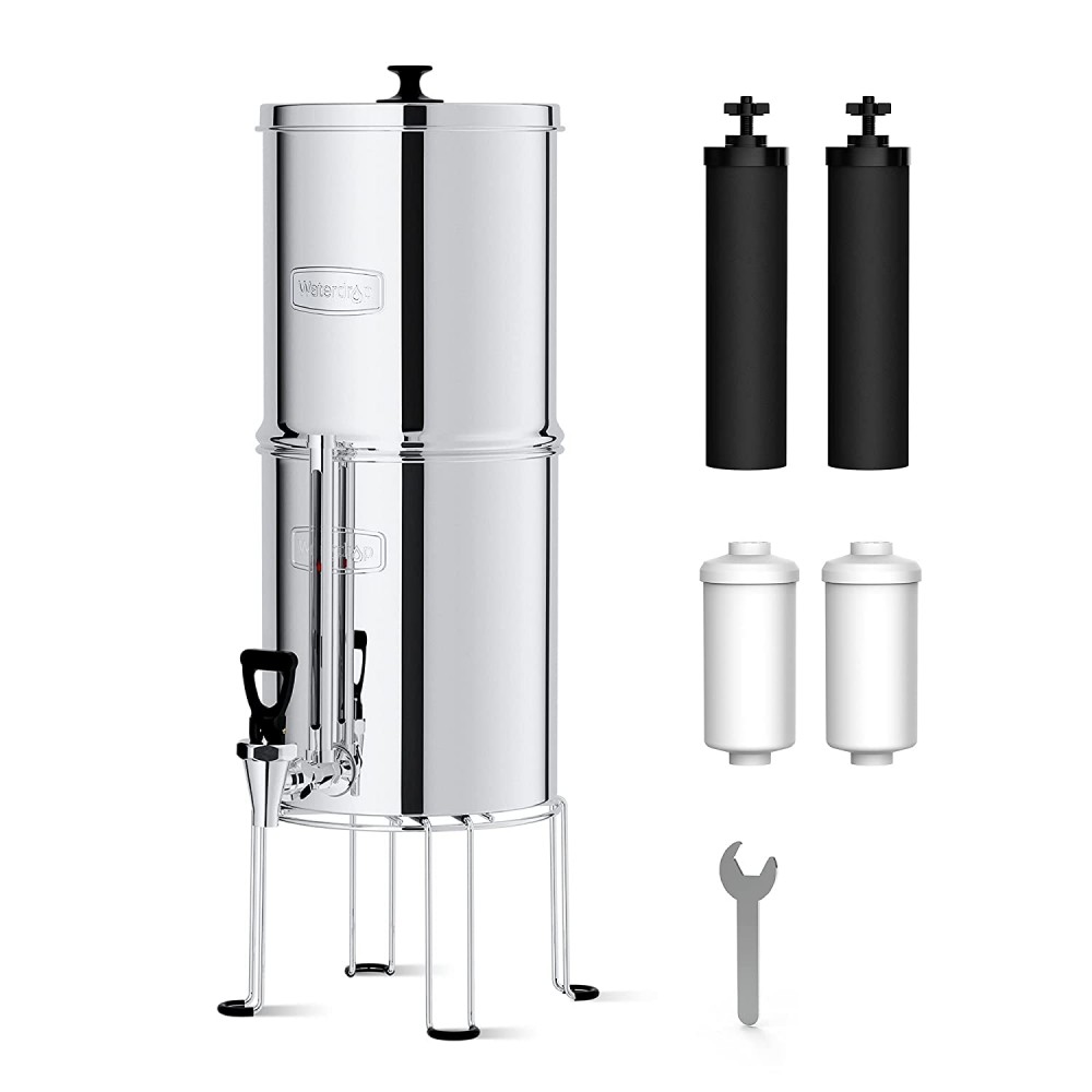 Waterdrop WD-TK-FS Gravity-fed Water Filter System 2.25-Gallon Stainless-Steel System with 4 Filters Metal Water Level Spigot and Stand Reduces Chlorine&Bad Taste-King Tank Series