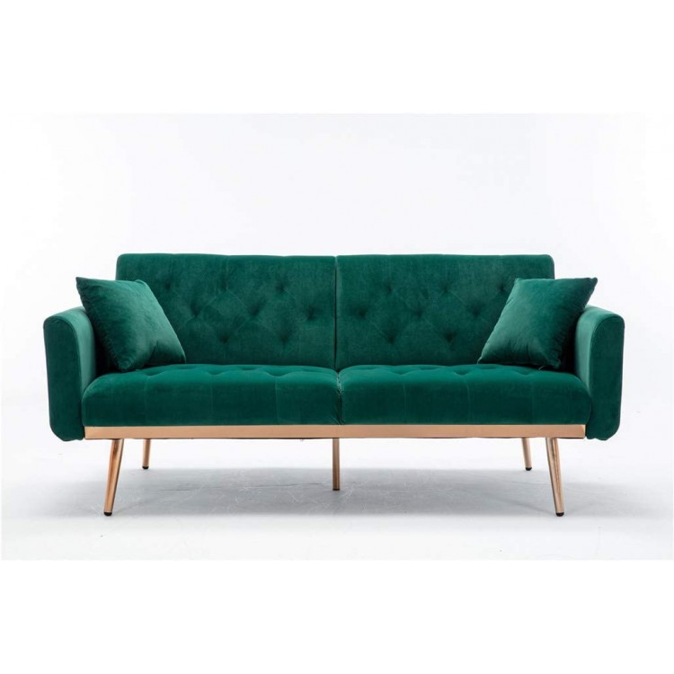 63" Accent Sofa Mid Century Modern Velvet Fabric Couch， Convertible Futon Sofa Bed ，Recliner Couch Accent Sofa Loveseat Sofa with Gold Metal Feet Green