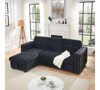 ATY Reversible Sectional Sofa with Storage Chaise L-Shaped Sleeper Couch with Pulled Out Bed and Button Tufted Copper Nail Head Trim Save Space 91" Cool Black