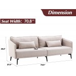 Beige 3 Seater Sofa Couch Modern Fabric Upholstered Sofa with Two Cushions 74 inch Sofa Furniture for Living Room Office Bedroom Apartment Metal Leg Three People Seat