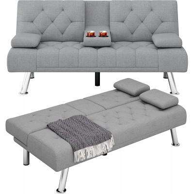 HIFIT Futon Sofa Bed Upholstered Convertible Folding Sleeper Sofa with Removable Armrests Modern Futon Couch for Living Room Bedroom 2 Cupholders Metal Legs Grey