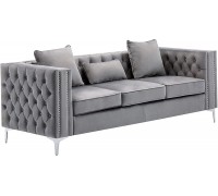 Lilola Home Lorreto Gray Velvet Sofa Nailhead Trim Button Tufted with Chrome Metal Legs