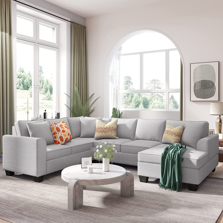 Sectional Couch Upholstered Modern English Arm Classic U-Shaped Sofa 3 Pillows Included 7-Seat Couch Modular Sectional Sofa