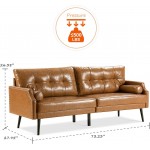 Vonanda Faux Leather 3 Seater Sofa Mid-Century 73'' Couch with Rivet on Armrests and 2 Cylindrical Pillows Upholstered Lounge Settee for Living Room Apartment Dorm Office Caramel