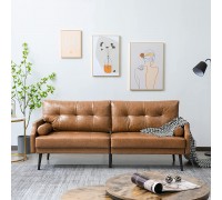 Vonanda Faux Leather 3 Seater Sofa Mid-Century 73'' Couch with Rivet on Armrests and 2 Cylindrical Pillows Upholstered Lounge Settee for Living Room Apartment Dorm Office Caramel