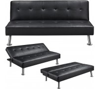 Yaheetech Convertible Sofa Couch Futon Bed Faux Leather Sofa Bed Sleeper Adjustable Loveseat Futon Couch Living Room Furniture with Chrome Metal Legs Black