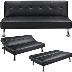 Yaheetech Convertible Sofa Couch Futon Bed Faux Leather Sofa Bed Sleeper Adjustable Loveseat Futon Couch Living Room Furniture with Chrome Metal Legs Black