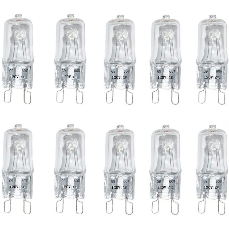 10 Pack G9 Halogen Light Bulbs 60 Watt JCD Type G9 Bi-Pin Double Loop Base 120 Volt Light Bulbs Dimmable Apply to Crystal Chandelier Flush Mount Ceiling Light