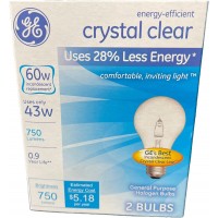 GE Crystal Clear 60W 750 Lumens Energy Efficient General Purpose Halogen Bulbs 2 Bulbs L-04