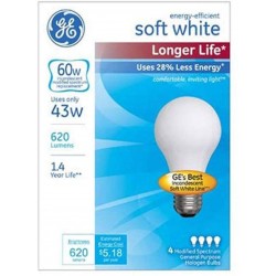 GE Lighting A19 Incandescent Halogen Light Bulbs 43-Watt Soft White Finish 60-Watt Replacement 620-Lumen Medium Base 4-Pack