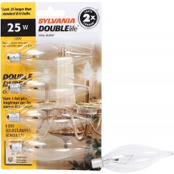 SYLVANIA Double Life Incandescent Light Bulb B10 25W 150 Lumens 2850K Candelabra Base Clear Soft White 4 Pack 13306