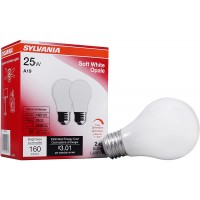 SYLVANIA Incandescent Light Bulb 25W A19 Dimmable Medium Base 160 Lumens 2850K Soft White 2 Pack 10562