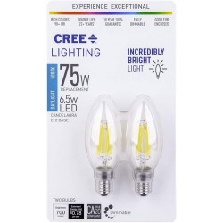Cree Lighting B11 Clear Glass Filament Candelabra 75W Equivalent LED Bulb 700 lumens Dimmable Daylight 5000K 25,000 Hour Rated Life 90+ CRI Good for Enclosed | 2-Pack