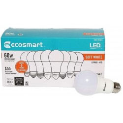 EcoSmart 9.5 Watt 60W Equivalent Soft White A19 Non-Dimmable LED Light Bulb 1 Box 8 Bulbs Total