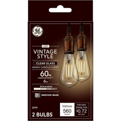 GE Vintage Style Light Bulbs 6 Watt 60 Watt Equivalent Clear Glass Warm Candle Light Medium Base Dimmable 2 Pack
