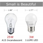 J.LUMI BPC4503 A15 LED Bulb 3W Compact Size Night Stand Bulb Table Lamp Bulb 25 Watt Light Bulbs E26 Medium Base LED Light Bulbs 3000K Soft White NOT Dimmable Pack of 4