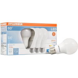 SYLVANIA LED A19 Light Bulb 60W Equivalent Efficient 9W Medium Base Dimmable Frosted 3500K Bright White 4 pack