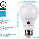 TORCHSTAR LED Dusk to Dawn Light Bulbs Outdoor Light Sensor A19 LED Bulb UL & Energy Star Certified 9W 60W Eqv. 800lm Auto On Off Photocell for Porch Front Door 5000K Daylight Pack of 4