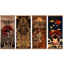 4 Piece Japanese Warrior Canvas Wall Art Print Poster Samurai Painting Wooden Framed Ready to Hang Artwork for Wall Art Living Room Bedroom Karate Hall Sushi Restaurant Home Decorations 16”x35”