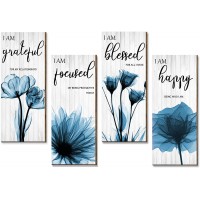 4 Pieces Flower Pictures Wall Decor Living Room Hanging Pictures Wooden Art Wall Decor Wall Art Pictures Thankful Grateful Blessed Home Decoration Blue