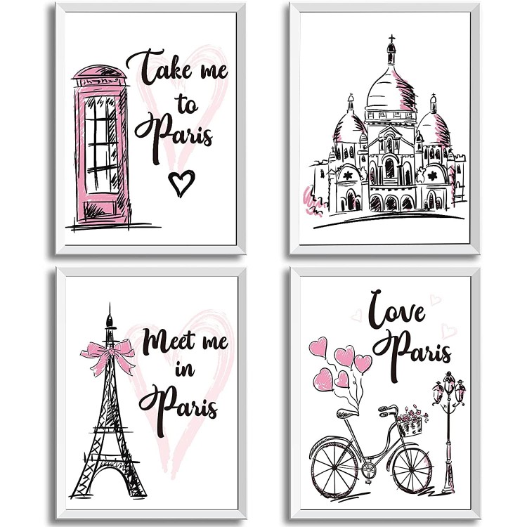 4 Pieces Paris Wall Art Prints Pink Eiffel Tower Telephone Booth Romantic Paris Theme Room Unframed Art Poster Decor for Girls Living Room Bedroom Bathroom Kitchen Office Decor 8 x 10 Inch