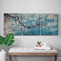 amatop 3 Piece Wall Art Hand-Painted Framed Flower Oil Painting On Canvas Gallery Wrapped Modern Floral Artwork for Living Room Bedroom Décor Teal Blue Lake Ready to Hang 12"x16"x3 Panel
