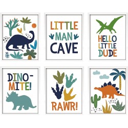 ArtbyHannah 6 Pack 8x10 Inch Framed Nursery Wall Art Decor with White Picture Frames and Decorative Watercolor Dinosaurs Art Prints for Kids Room,Playroom Nursery Room Decoration
