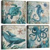 Bathroom Decor Beach Canvas Wall Art Teal Coastal Prints Pictures for Kitchen Living Room Home Decorations Accessories Set of 4Pcs 12x12" Ocean Sea Turtle Octopus Painting Blue Rustic Nautical Poster