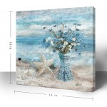 Bathroom Decor Wall Art Blue Beach Picture Ocean Theme Flower Canvas Print Modern Coastal Seascape Painting Framed Seaside Artwork Floral Daisy in Indian Vase for Home Sea Lake Bedroom 14x14inch