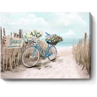 Beach Canvas Wall Art for Bathroom Ocean Pictures Seaside Bicycle Canvas Print Seascape Painting Framed Teal Aqua Blue Calming Shoreside Artwork for Modern Coastal Themed Lake Home Bedroom Décor Ready to Hang 12x16inch
