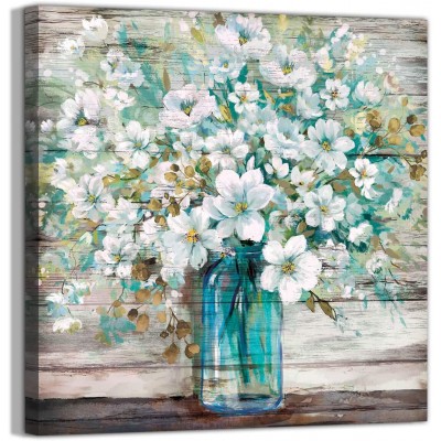 Country Style Canvas Wall Art Teal Blue Mason Bottle White Flower Rustic Wall Decor Art Hanging in The Bedroom Bathroom Living Room Dining Room Office Fireplace Kitchen Murals Decor