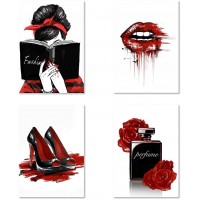 Facioro Fashion Woman Canvas Wall Art Red Wall Decor for Bedroom Decor Red and Black Art Posters Red Lips Red Rose Perfume High Heels and A Fashion Women with Red Hair Ribbons Prints Wall Pictures Girls Room Decor Black and Red Fashion Poster