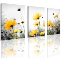 Flowers Canvas Art Wall Decor Black and White Framed Galsang Floral Prints and Posters Wall Hanging Decorations Ready to Hang for Bedroom Bathroom yellow 12"x16"x3Panles