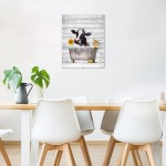HVEST Farm Cow Wall Art Funny Farmhouse Cattle with Sunflower in Tub on Rustic Planks Canvas Abstract Painting Framed Modern Artwork Ready to Hanging for Bathroom Bedroom Living Room Decor,12x16 Inchs