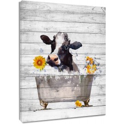 HVEST Farm Cow Wall Art Funny Farmhouse Cattle with Sunflower in Tub on Rustic Planks Canvas Abstract Painting Framed Modern Artwork Ready to Hanging for Bathroom Bedroom Living Room Decor,12x16 Inchs