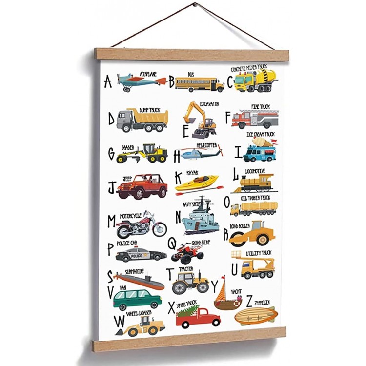 Natural Wood Magnetic Hanger Frame Poster- Colorful Alphabet Canvas Wall Art Print Cartoon Construction Truck Picture,28X45cm Frames Hanging Kit…