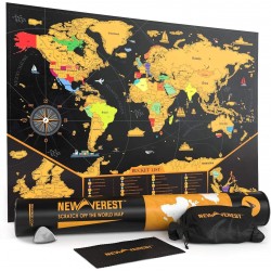NEWVEREST Scratch Off Map of The World Detailed World Travel Art Poster Fits 24" x 17" Frame Comes with Scratch Tool 20 Push Pins 4 Stickers Cleaning Cloth Carry Bag + Gift Tube
