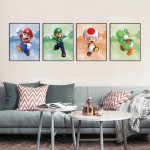 Super Mario Art Prints Toad Super Mario Prints Wall Art Game Room Decor Birthday Painting Set of 4 Pieces 8”X10”Canvas Picture Bathroom Room Painting Frameless