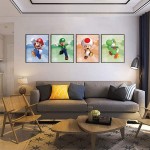 Super Mario Art Prints Toad Super Mario Prints Wall Art Game Room Decor Birthday Painting Set of 4 Pieces 8”X10”Canvas Picture Bathroom Room Painting Frameless