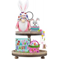 5 PCS Easter Gnome Tiered Tray Decor Tray Not Included Gnomes Plush Happy Easter Egg Mini Wood Sign Wooden Bunny Bead Garland Spring Easter Gift Easter Day Party Decor for Home Kitchen
